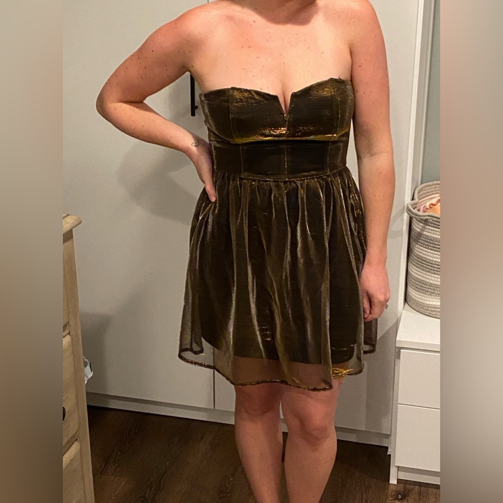 Lucca Coture bronze sparkly strapless dress, size medium